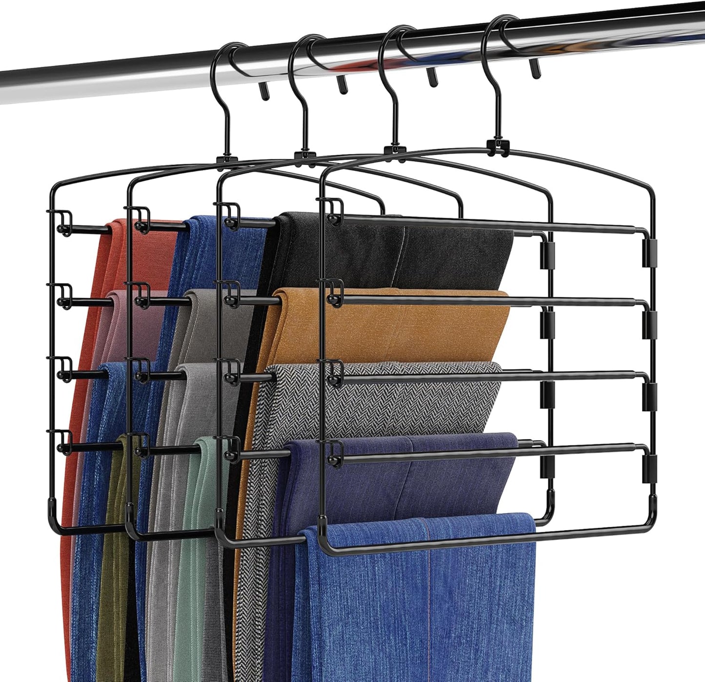 5-Tier Pants Hangers (4 Pack) – Ultra-Slim Space-Saving Closet Organizer with Metal Swivel Hook for Jeans, Slacks & Skirts