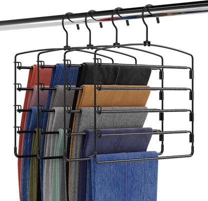 5-Tier Pants Hangers (4 Pack) – Ultra-Slim Space-Saving Closet Organizer with Metal Swivel Hook for Jeans, Slacks & Skirts