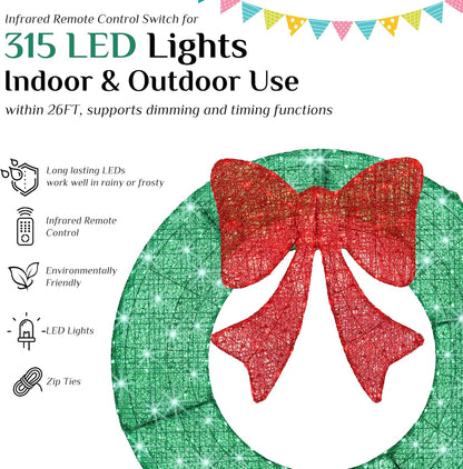48in Pre-Lit Christmas Wreath with LED Lights and Red Bow