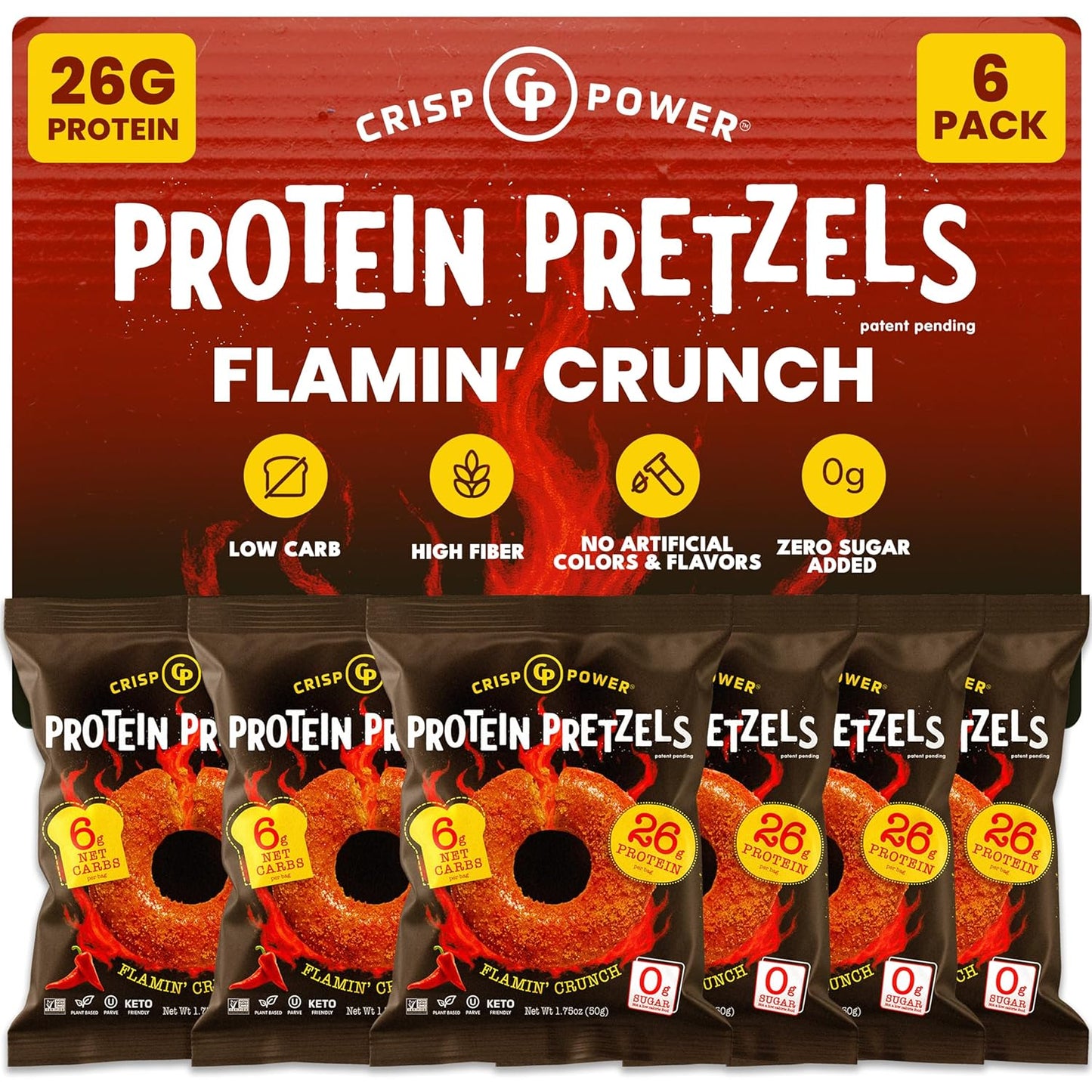 Flamin’ Crunch Protein Pretzels – 26g Protein, High Fiber, Low Carb – No Added Sugar – 6 Pack – Vegan & Keto