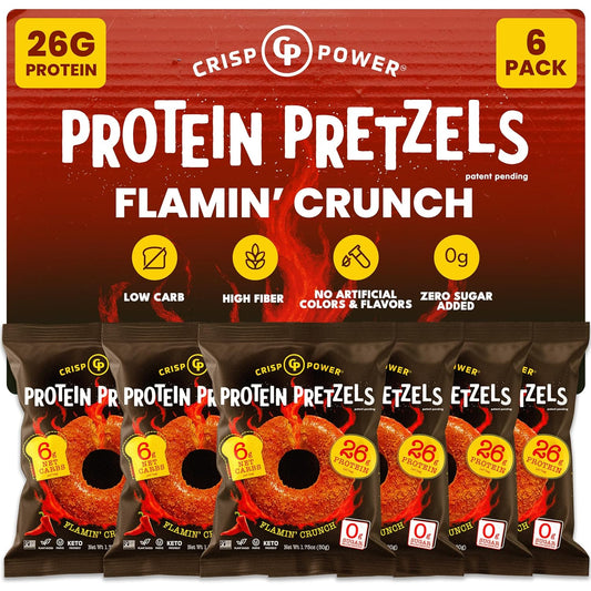 Flamin’ Crunch Protein Pretzels – 26g Protein, High Fiber, Low Carb – No Added Sugar – 6 Pack – Vegan & Keto