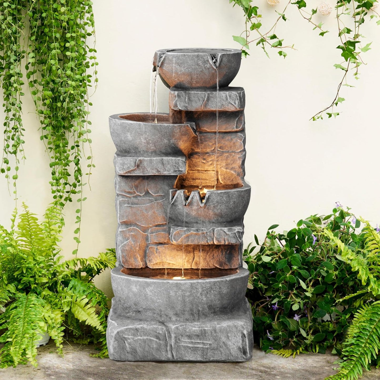 33.25" Cascading Bowls & Stacked Stones LED Outdoor Water Fountain (Stone Gray)