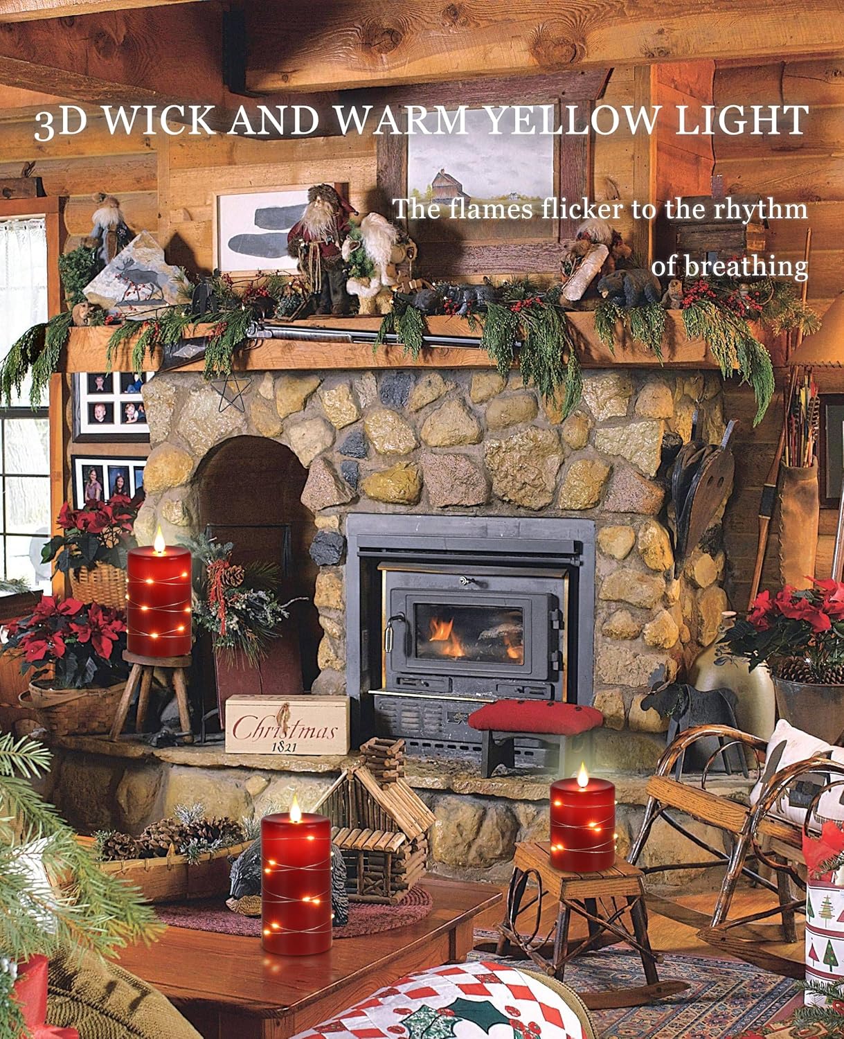 Set of 3 Red Flameless LED Pillar Candles with Remote - 4'', 5'', 6''