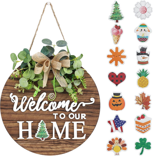 Interchangeable Seasonal Welcome Sign Front Door Decoration, Rustic Round Wood Wreaths Wall Hanging
