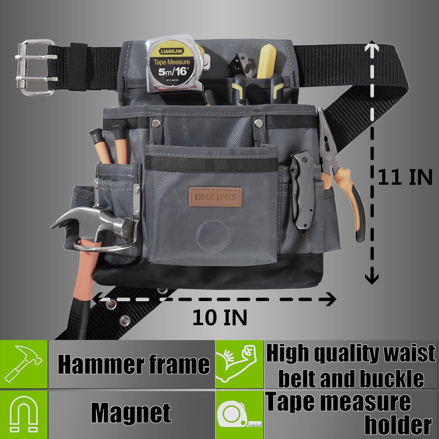 Small Magnetic Tool Belt Pouch – 11 Pocket Heavy-Duty Nylon Tool Belt for Electrician, Carpentry & Construction