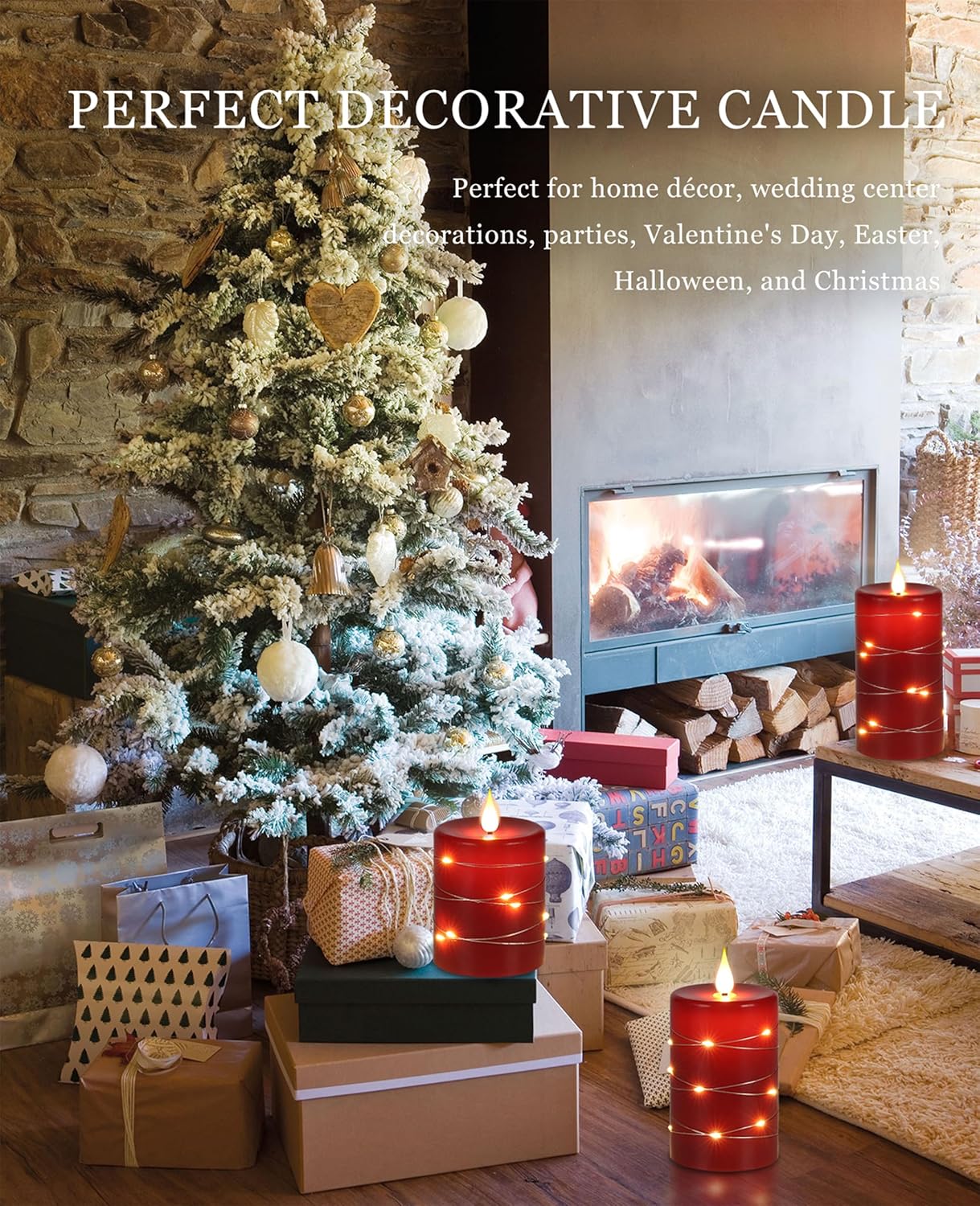 Set of 3 Red Flameless LED Pillar Candles with Remote - 4'', 5'', 6''