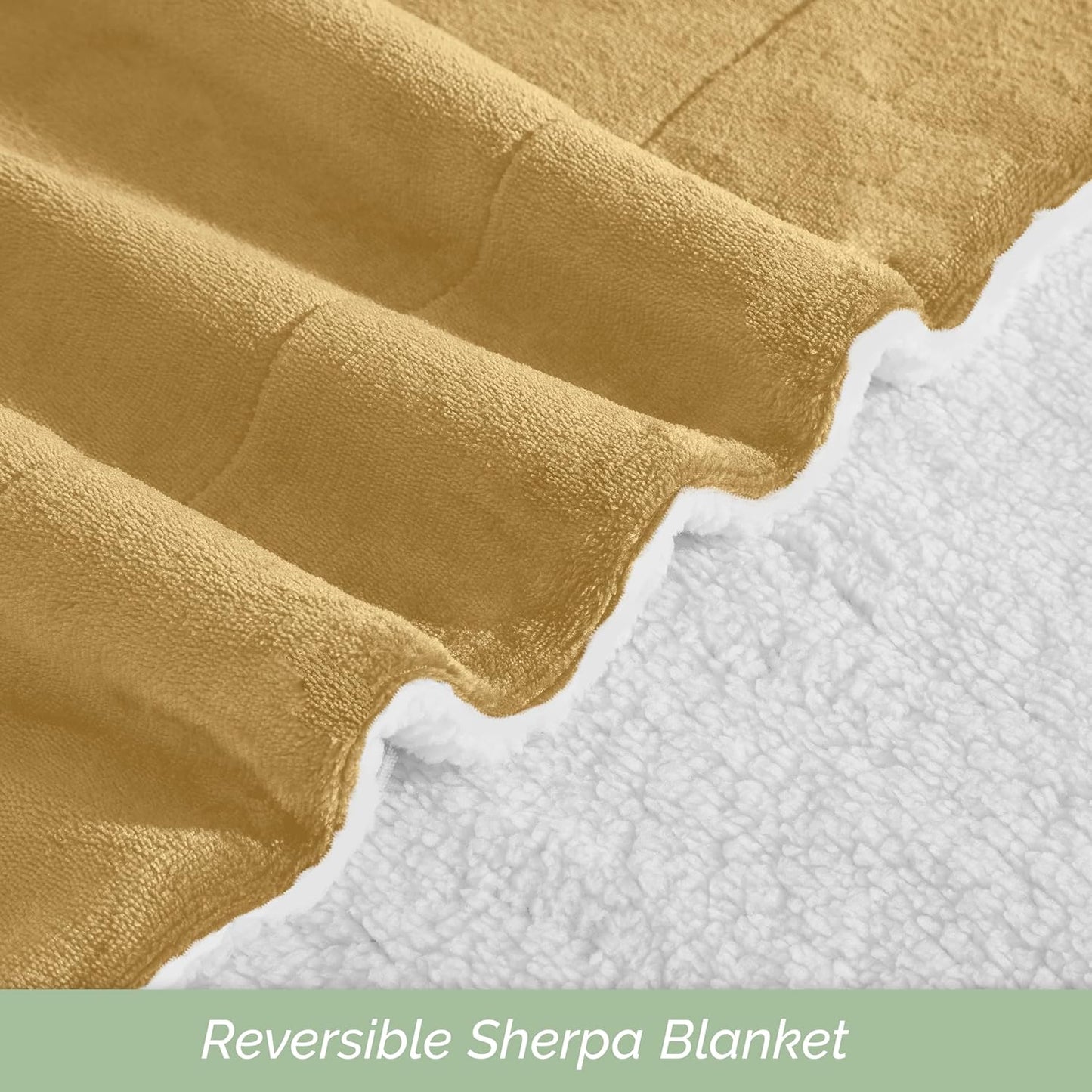 Reversible Flannel Sherpa Blanket - Cozy Fleece Throw, Queen, Gold
