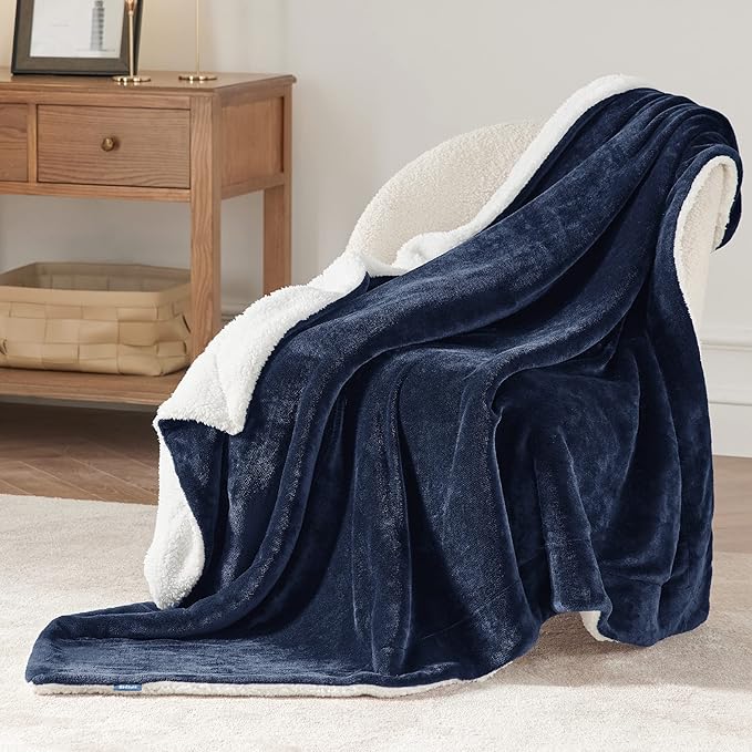 GentleSoft Sherpa Fleece Throw Blanket – Thick, Warm & Plush (Navy, 50x60")
