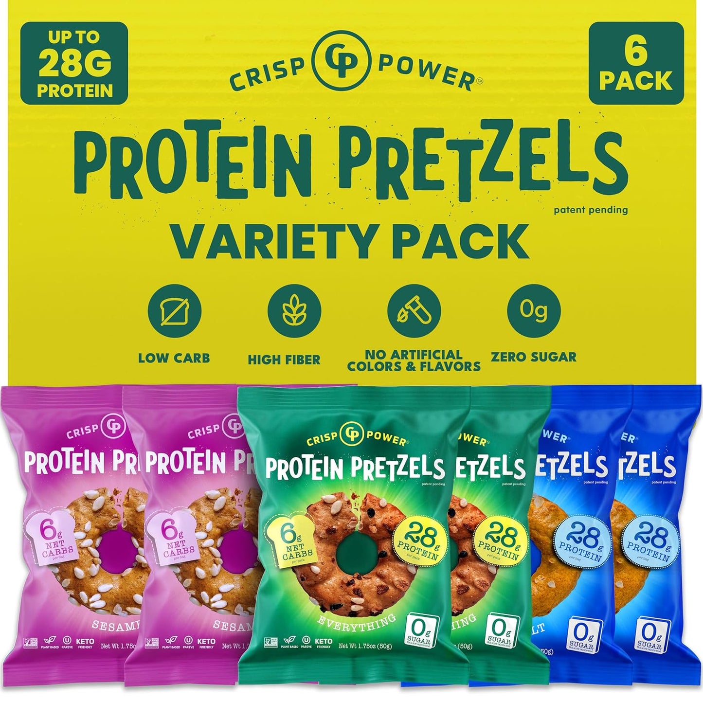 High-Protein Pretzel Variety Pack – Sea Salt, Sesame & Everything – Up to 28g Protein, High Fiber, Low Carb, No Added Sugar – 6 Pack – Vegan & Keto