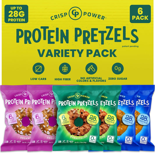 High-Protein Pretzel Variety Pack – Sea Salt, Sesame & Everything – Up to 28g Protein, High Fiber, Low Carb, No Added Sugar – 6 Pack – Vegan & Keto
