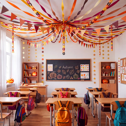 574 FT Fall Paper Chain Garland & Crepe Streamers – Autumn Party Decorations for Thanksgiving & Harvest Events