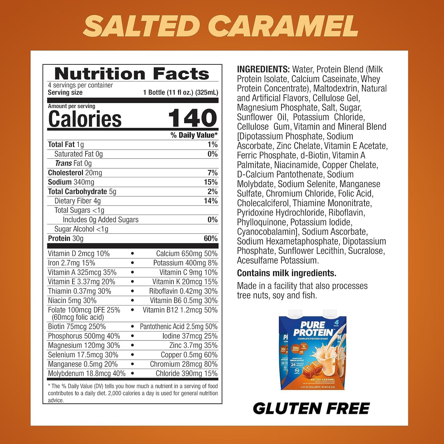 Pure Protein Salted Caramel Shake – 30g Protein, Keto-Friendly, 11oz Bottles (12 Pack)