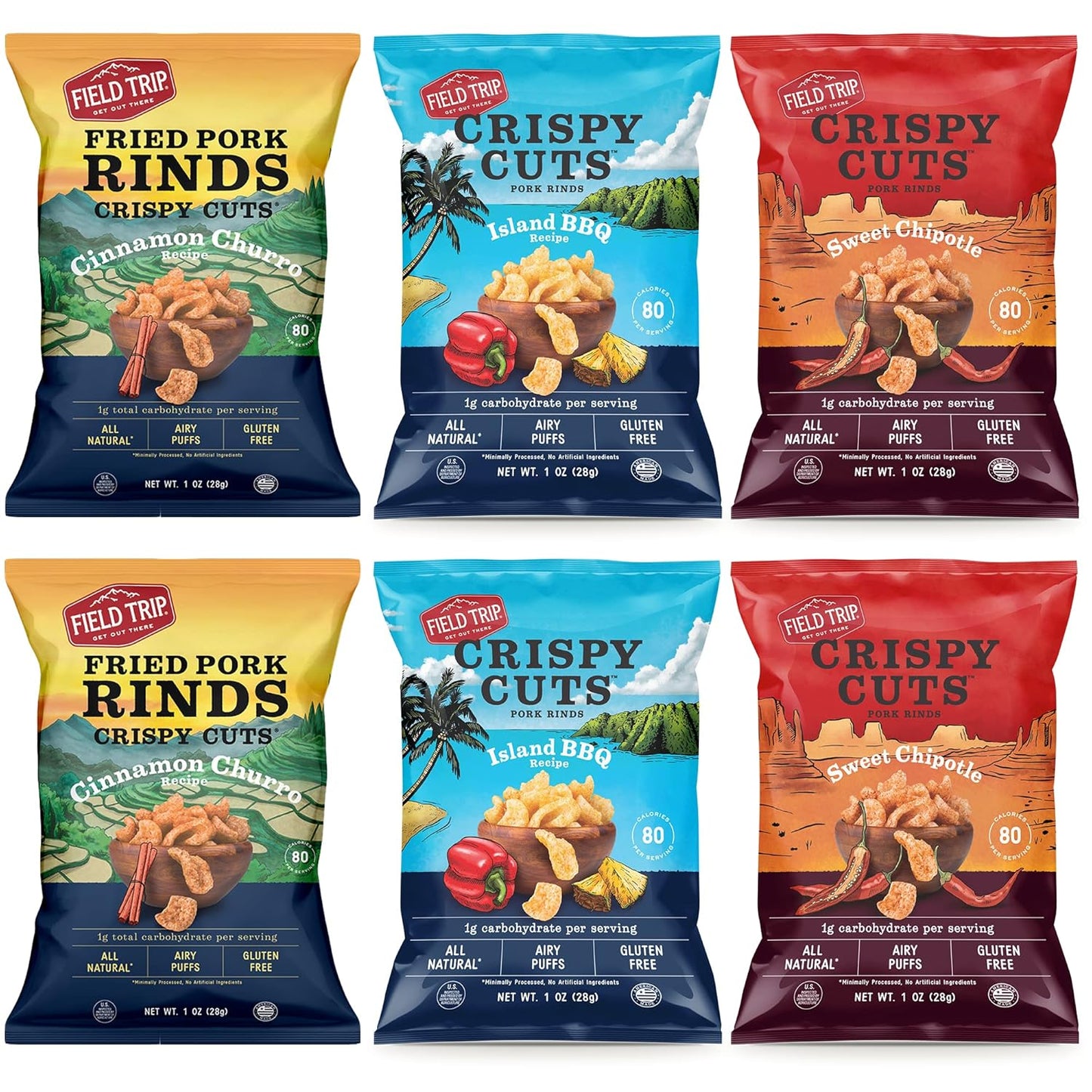 Gluten-Free Pork Rinds Variety Pack – Island BBQ, Cinnamon Churro & Sweet Chipotle, High-Protein, Low-Carb Keto & Paleo Snack, 1 oz Bags (6 Pack)