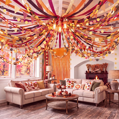 574 FT Fall Paper Chain Garland & Crepe Streamers – Autumn Party Decorations for Thanksgiving & Harvest Events
