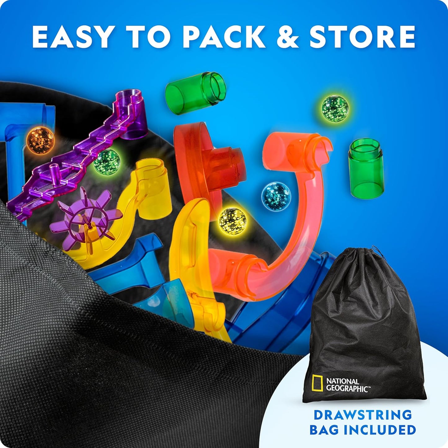 National Geographic Glowing Marble Run – 250-Piece STEM Set with 50 Glow-in-the-Dark Marbles & Storage Bag