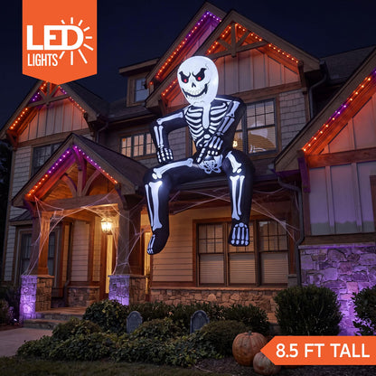 8.5 FT Halloween Inflatable Rooftop Skeleton – LED Light-Up Blow-Up Decoration for Outdoor Yard, Garden, Porch & Patio