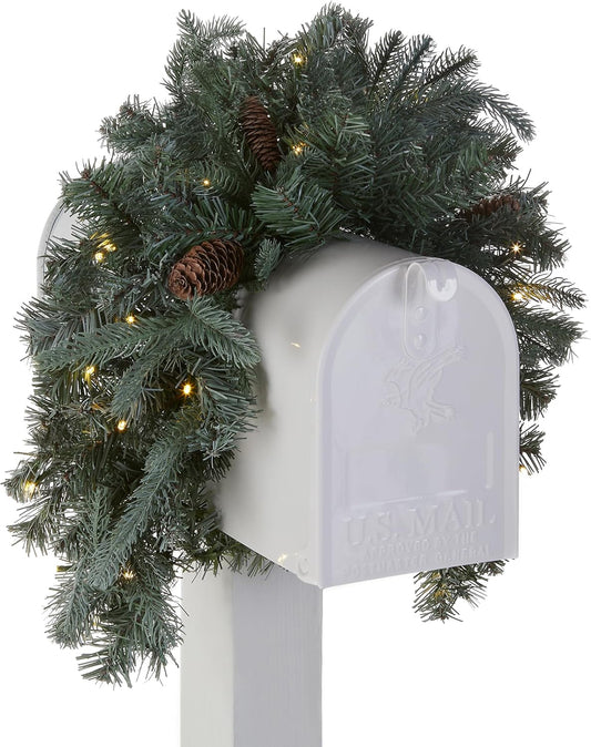 36-Inch 'Feel Real' Pre-Lit Christmas Mailbox Swag with White LED Lights