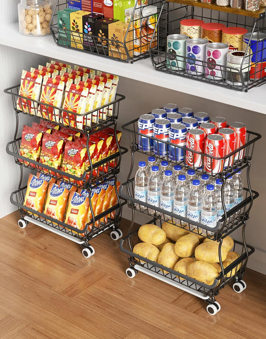3-Tier Rolling Pantry Organizer Cart – Stackable Wire Baskets for Kitchen, Fruit & Snack Storage with Wheels