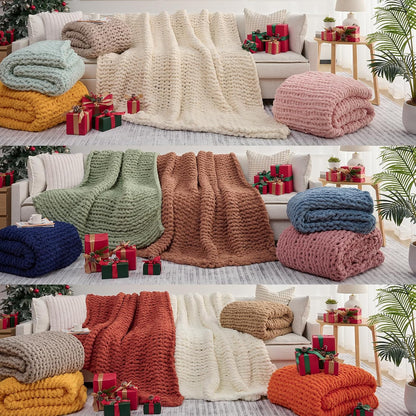 Chunky Knit Throw Blanket – Handmade Chenille Cable Knit (50x60")