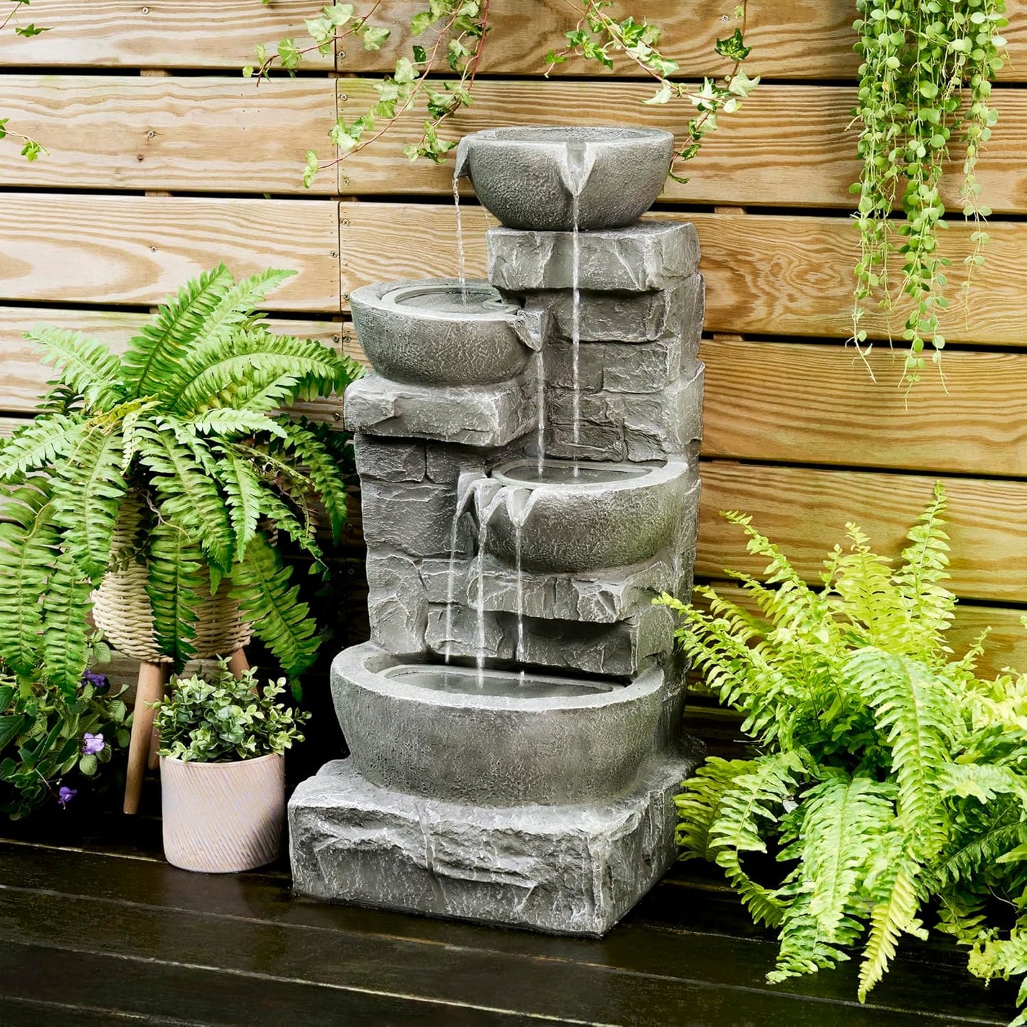 33.25" Cascading Bowls & Stacked Stones LED Outdoor Water Fountain (Stone Gray)