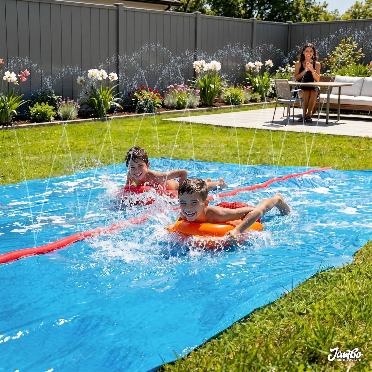 40FT Mega Slip & Splash Water Slide – Double Lane Backyard Waterslide with Red Sprinkler & 2 Bodyboards