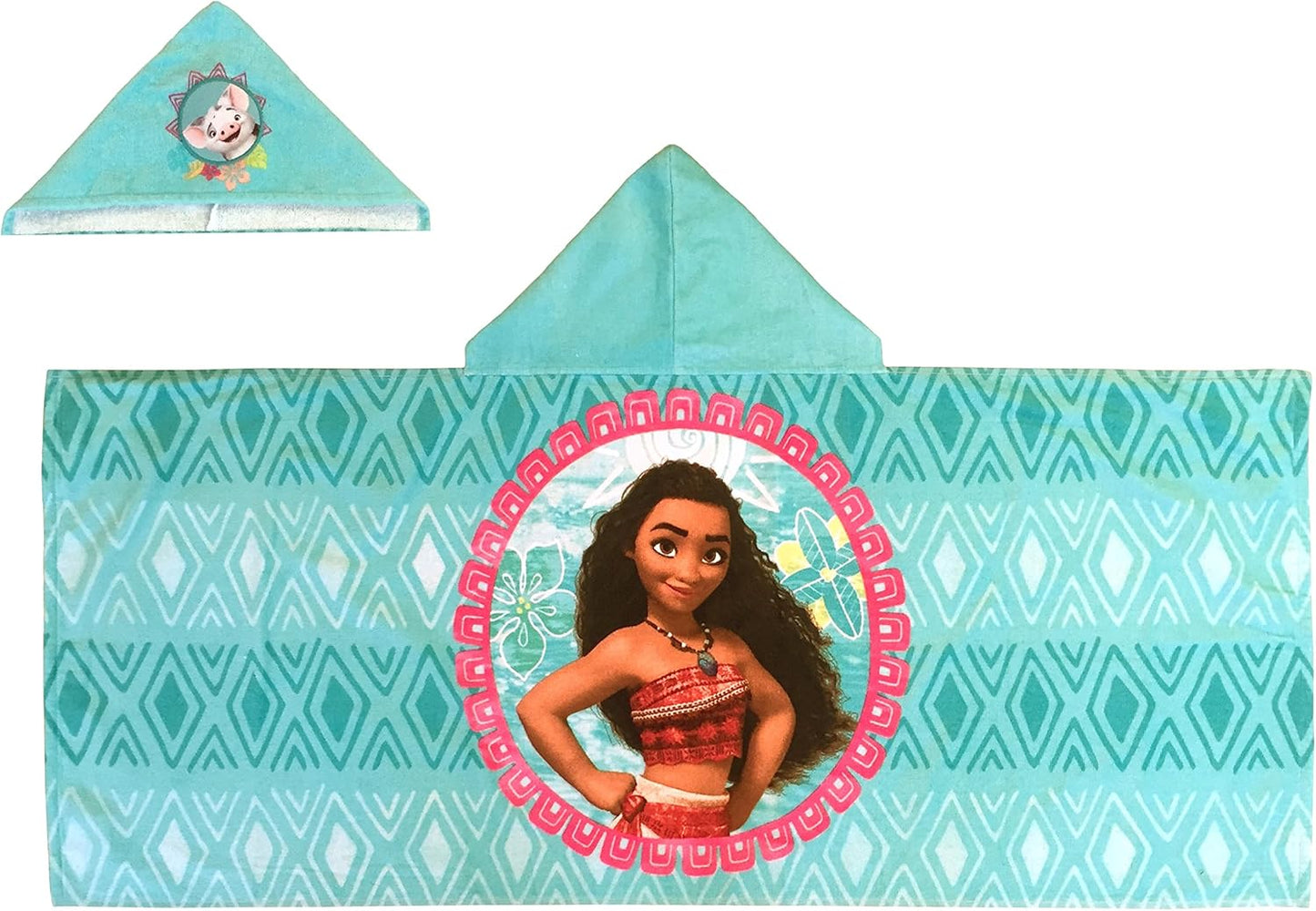 Moana Hooded Towel Poncho – 100% Cotton Kids Bath & Beach Cover-Up with 3D Hood – Teal, 22" x 51"