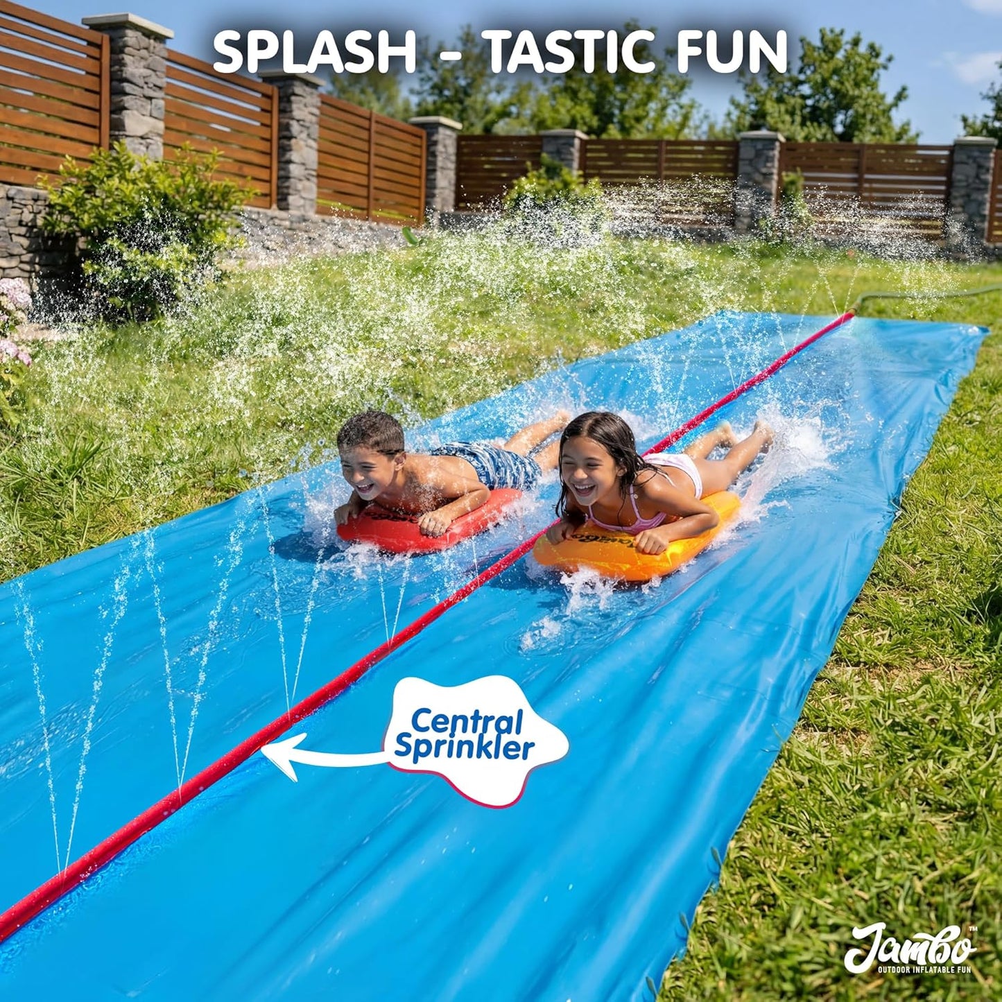 40FT Mega Slip & Splash Water Slide – Double Lane Backyard Waterslide with Red Sprinkler & 2 Bodyboards