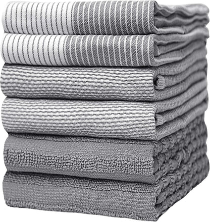 Premium Cotton Kitchen Towels (20"x 28", 6-Pack) | Absorbent Dish Cloths with Hanging Loop | Gray