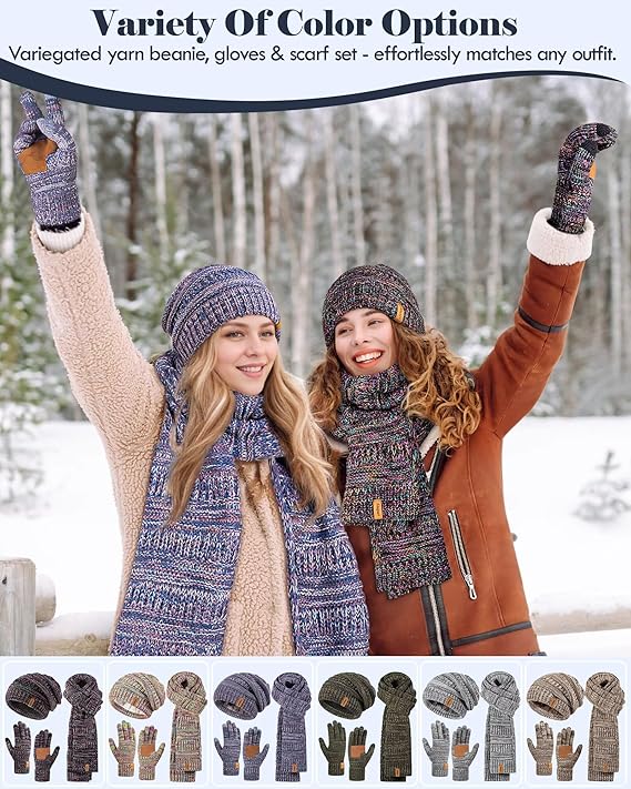 Women’s Winter Beanie, Multicolor Scarf & Touchscreen Gloves Set – Warm 3-in-1 Slouchy Knit