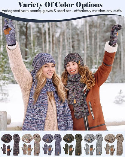 Women’s Winter Beanie, Multicolor Scarf & Touchscreen Gloves Set – Warm 3-in-1 Slouchy Knit