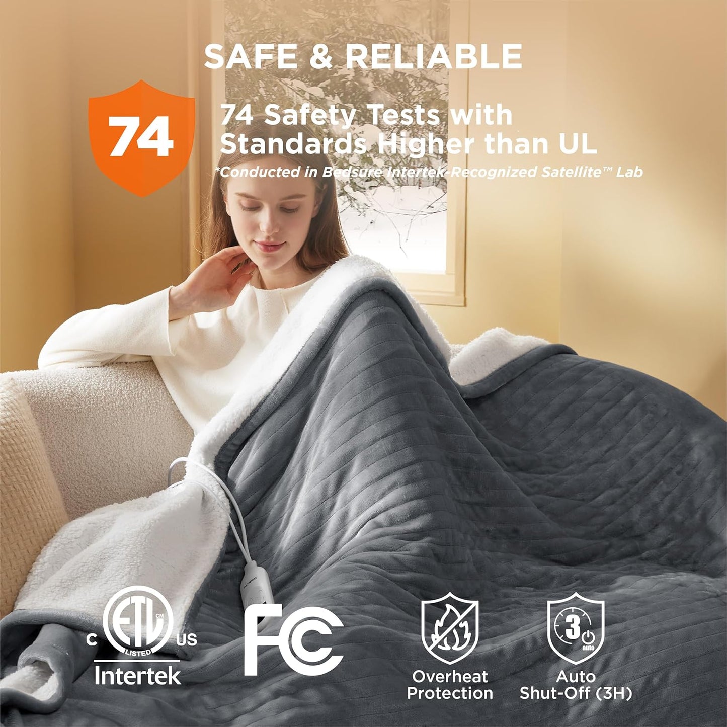 Heated Throw Blanket – Fast-Heating Electric Flannel with Timer & 6 Heat Levels (50" x 60", Grey)
