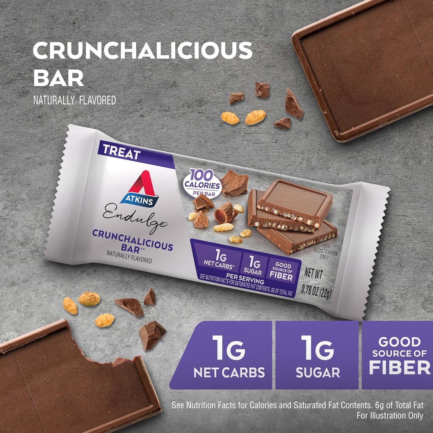 Crunchalicious Bar, 1g Net Carbs, 1g Sugar, Good Source of Fiber, 5 Count (Pack of 8)