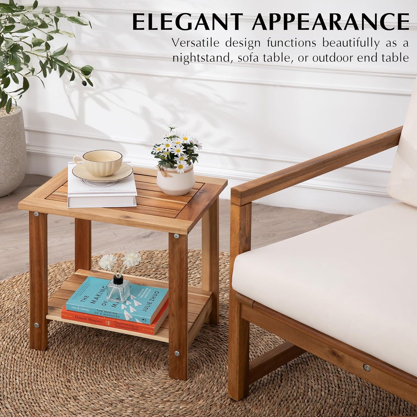Double Adirondack Side Table – Weather-Resistant Rectangular Indoor Outdoor End Table for Patio, Garden, Lawn or Living Room – Light Natural