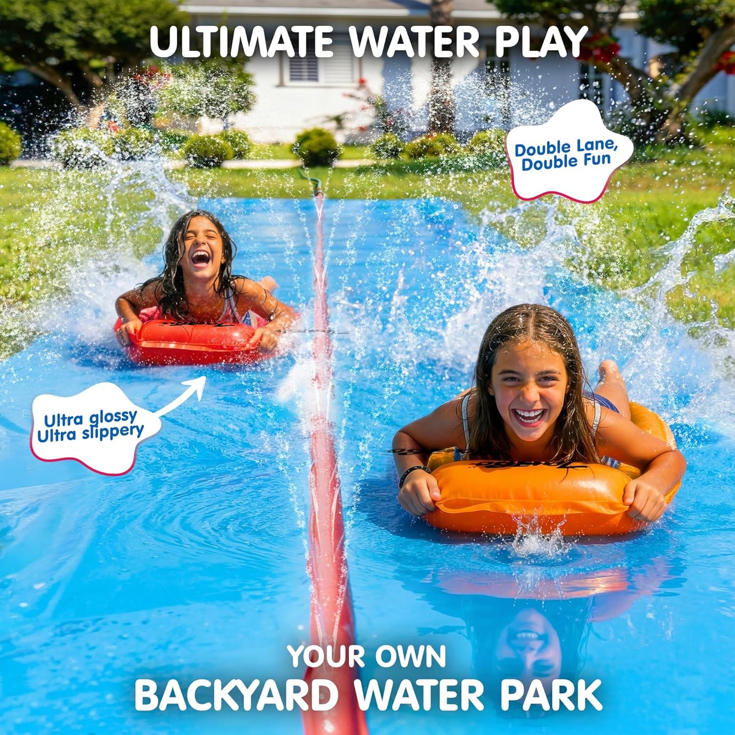40FT Mega Slip & Splash Water Slide – Double Lane Backyard Waterslide with Red Sprinkler & 2 Bodyboards