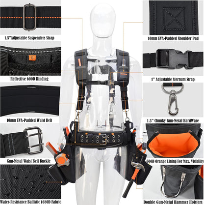 39 Pocket Tool Belt with Suspenders – 4" Padded Carpenter Tool Pouch for Men