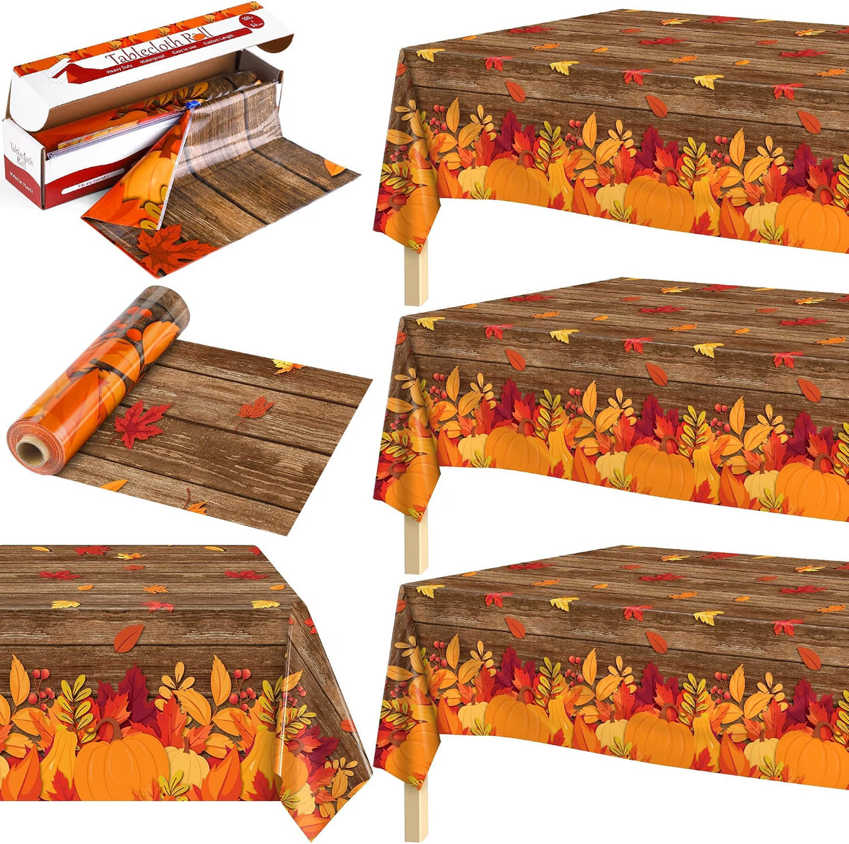 100 FT x 54" Fall Plastic Tablecloth Roll with Cutter – Pumpkin & Maple Leaf Thanksgiving Table Cover for Autumn Harvest Parties