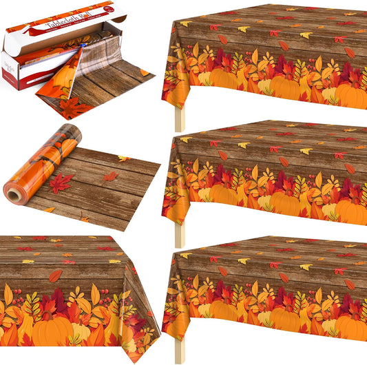100 FT x 54" Fall Plastic Tablecloth Roll with Cutter – Pumpkin & Maple Leaf Thanksgiving Table Cover for Autumn Harvest Parties