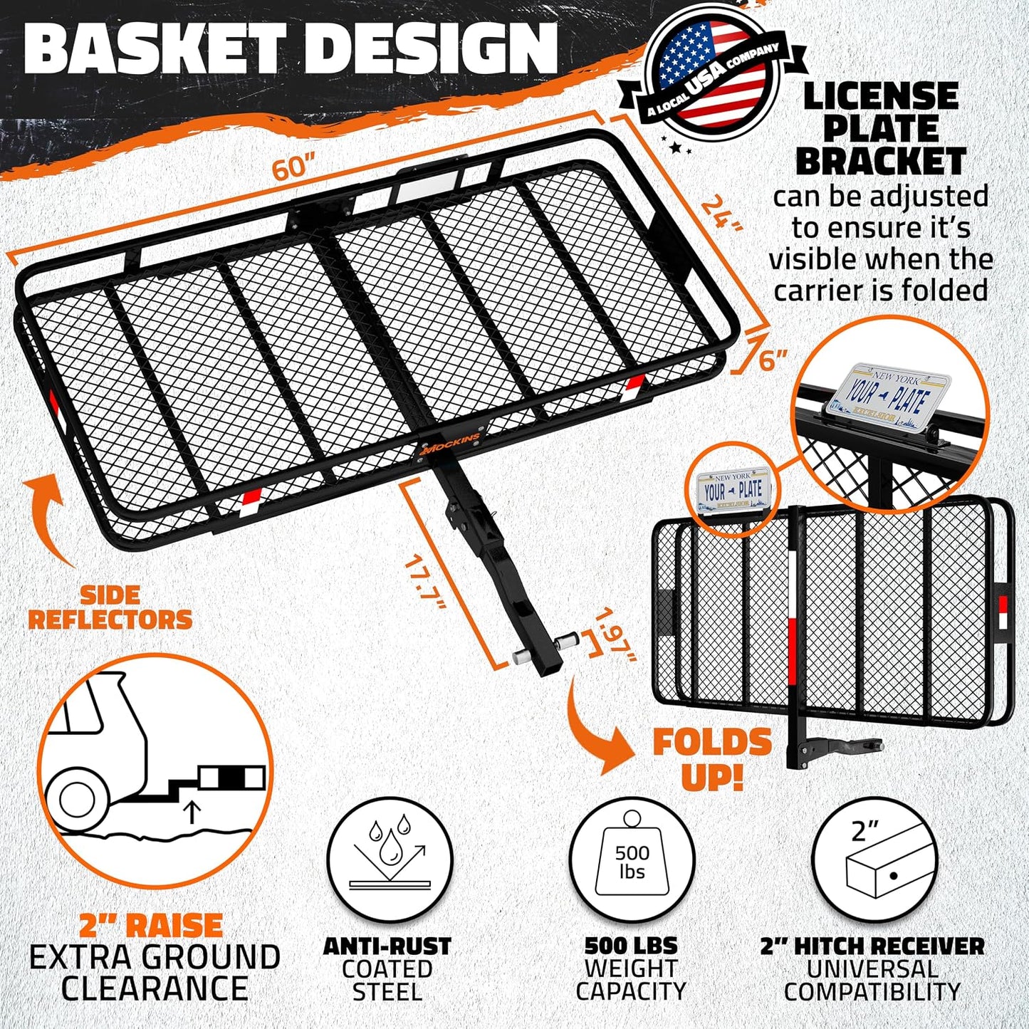 Heavy-Duty Folding Hitch Cargo Carrier – 60" x 24" x 6" 500 lb Capacity with 25 Cu. Ft. Waterproof Cargo Bag, License Plate Bracket & Accessories