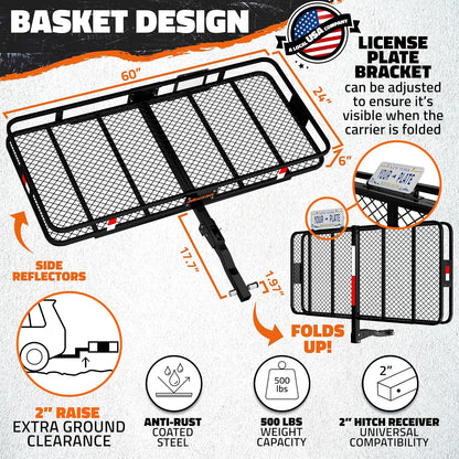 Heavy-Duty Folding Hitch Cargo Carrier – 60" x 24" x 6" 500 lb Capacity with 25 Cu. Ft. Waterproof Cargo Bag, License Plate Bracket & Accessories