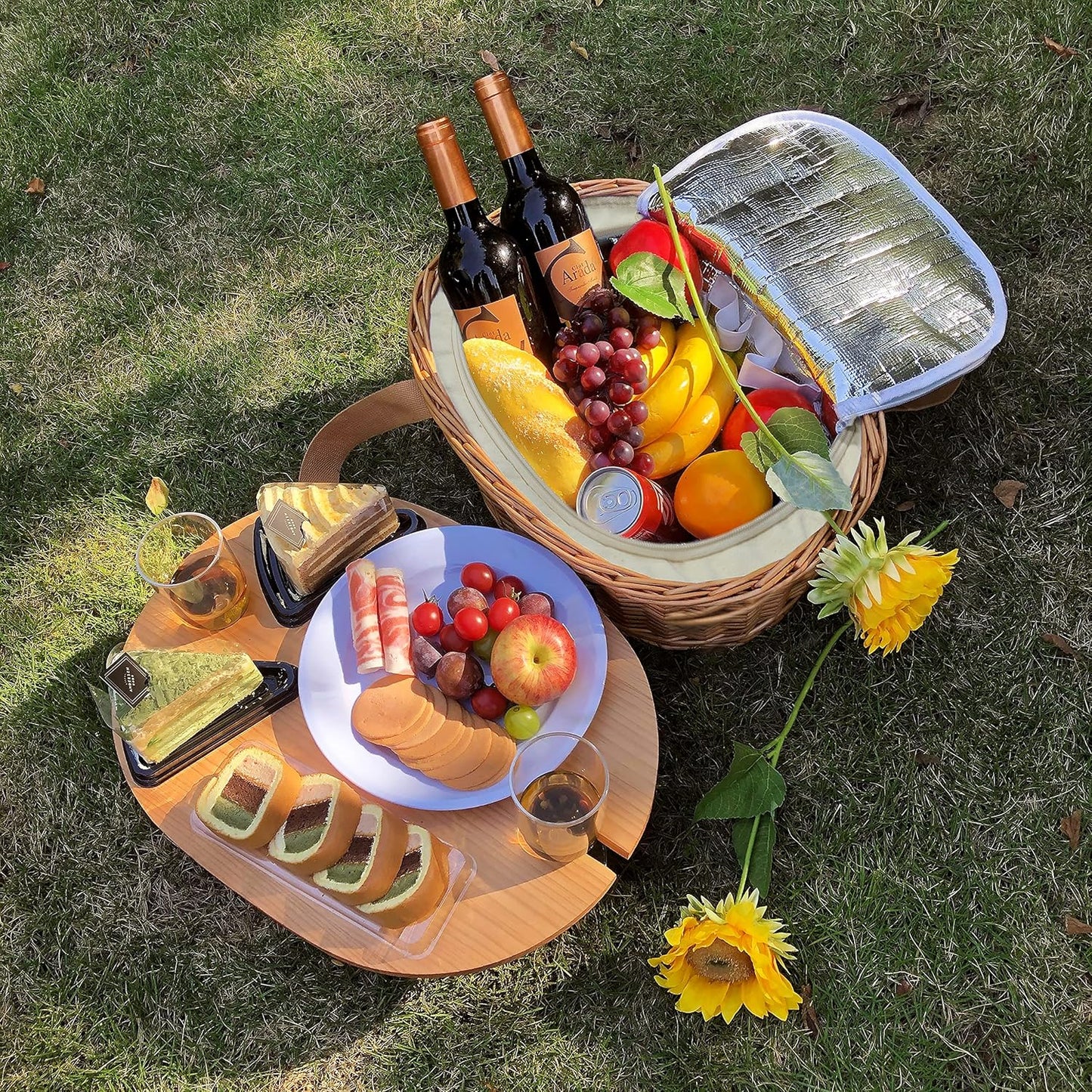 Wicker Picnic Basket Set for 2 – Includes Mini Folding Wine Table, Insulated Cooler & Full Cutlery Kit