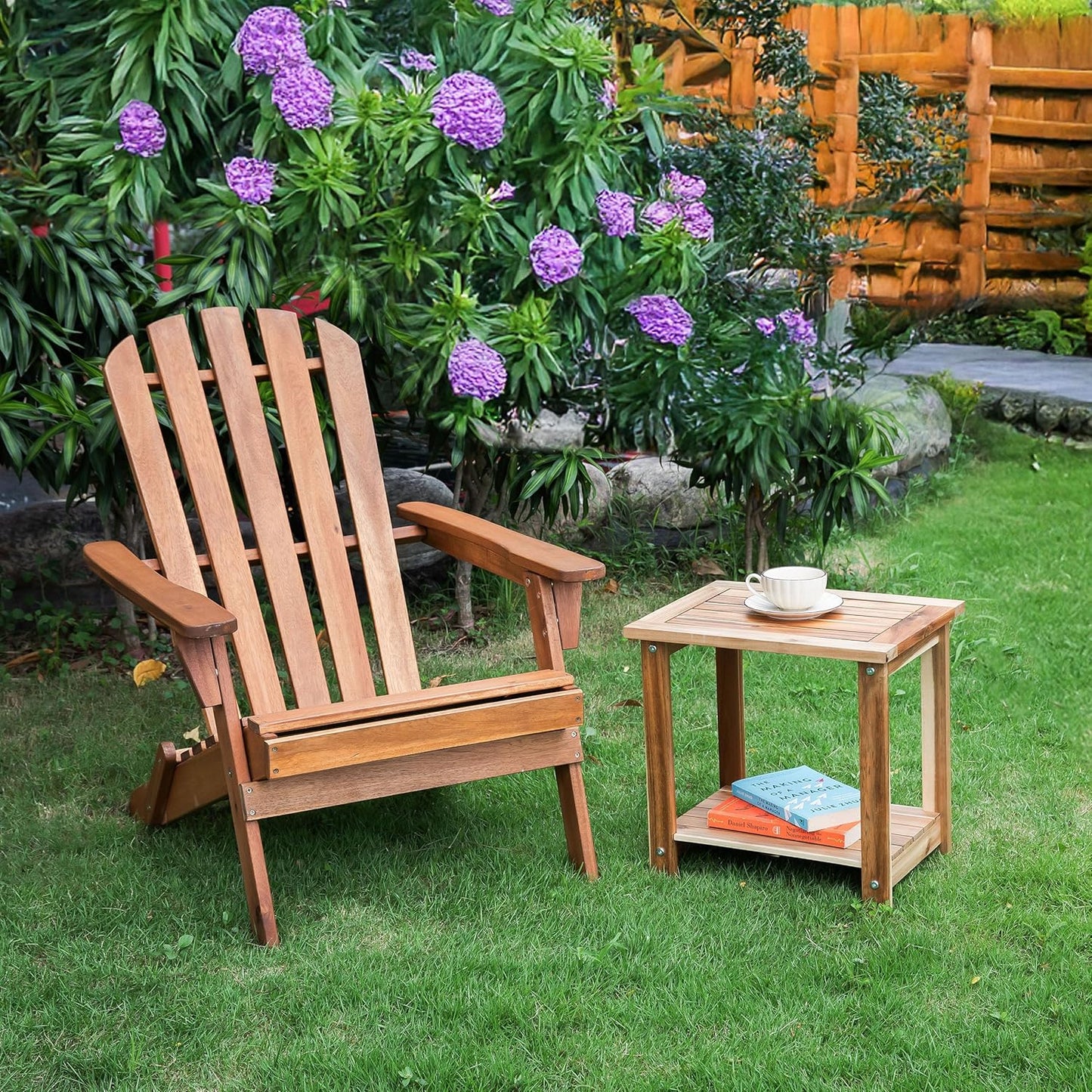Double Adirondack Side Table – Weather-Resistant Rectangular Indoor Outdoor End Table for Patio, Garden, Lawn or Living Room – Light Natural