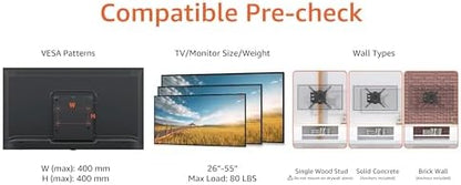 Full Motion Articulating Wall Mount for 26” to 55” TVs – Fits Flat Panels up to 80lbs, Black