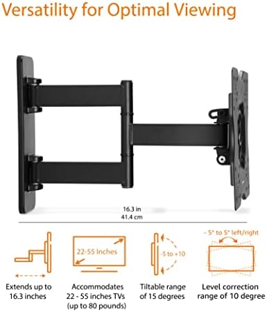 Full Motion Articulating Wall Mount for 26” to 55” TVs – Fits Flat Panels up to 80lbs, Black