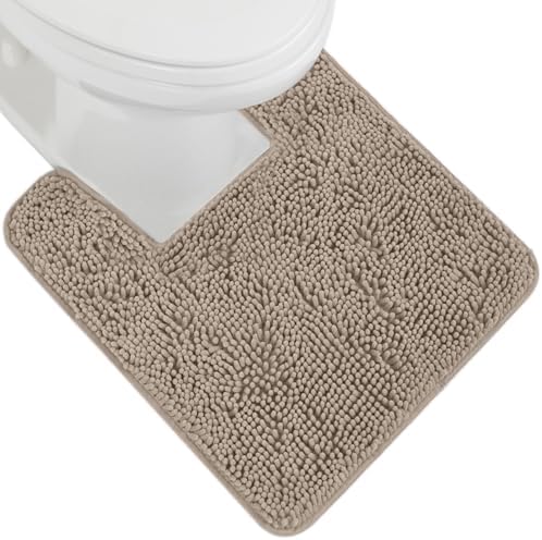 Plush Chenille Toilet Contour Rug – Soft, Absorbent, Rubber Backed, Machine Washable, 22.5x19.5, Beige