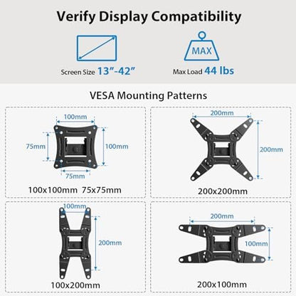 Full Motion Wall Mount for 13–42” TVs & Monitors – Swivel, Tilt, Extend, Rotate – Fits Echo Show 15/21, Max VESA 200x200, Holds up to 44lbs