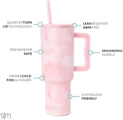 40 oz Tumbler with Handle & Straw Lid, Insulated Stainless Steel, Travel Mug, Cupholder Friendly, Blush Tie Dye