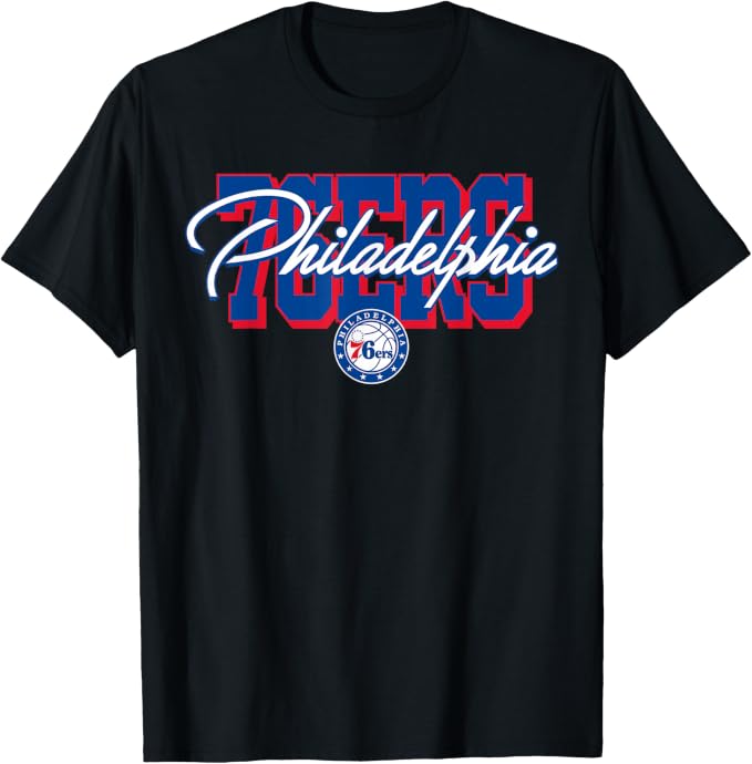Philadelphia 76ers Blockletter Script Graphic T-Shirt – Men's Black Basketball Fan Tee, Small
