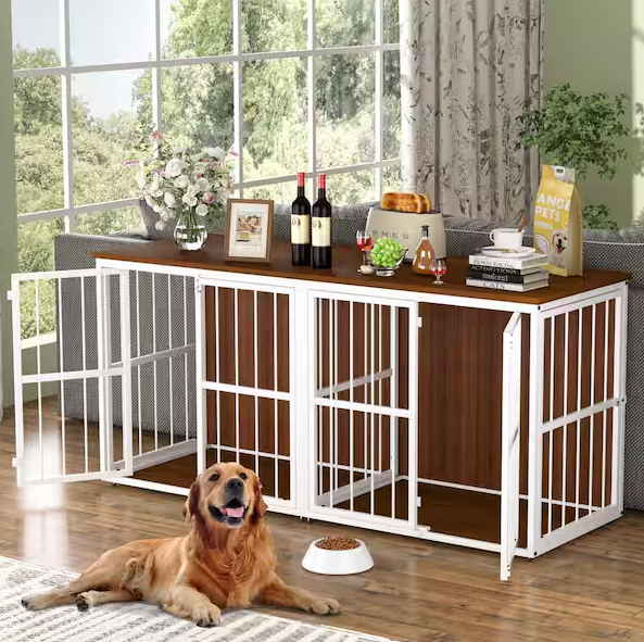 Wooden Dog Crate Furniture & Kennel – Stylish Doghouse with Divider and Accent Storage Cabinet
