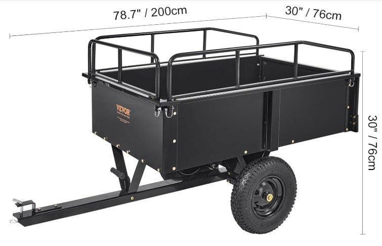 Heavy-Duty ATV Steel Dump Cart – 750 lb Capacity, 15 Cu. Ft. Garden Utility Trailer with Removable Sides