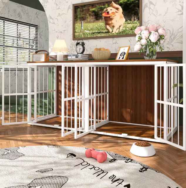 Wooden Dog Crate Furniture & Kennel – Stylish Doghouse with Divider and Accent Storage Cabinet